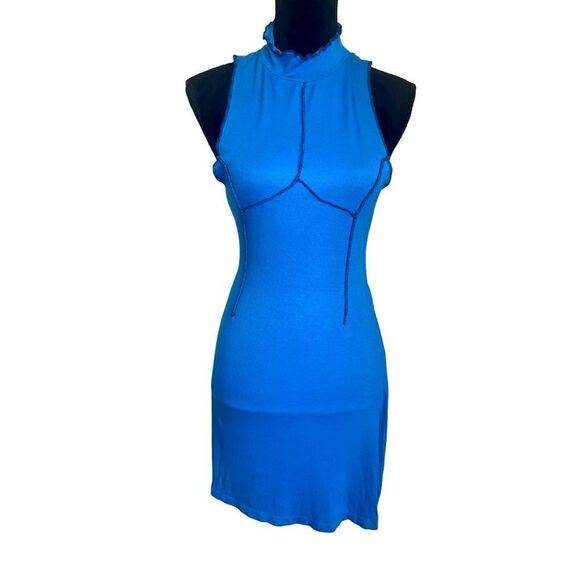 URBAN OUTFITTERS BLUE RIBBED HIGH NECK DRESS WOMENS SIZE MEDIUM SLEEVELESS - Picture 1 of 10